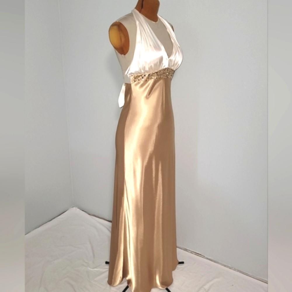 Glamorus JS Boutique Gold and White full-length gown with sequin embellishment.